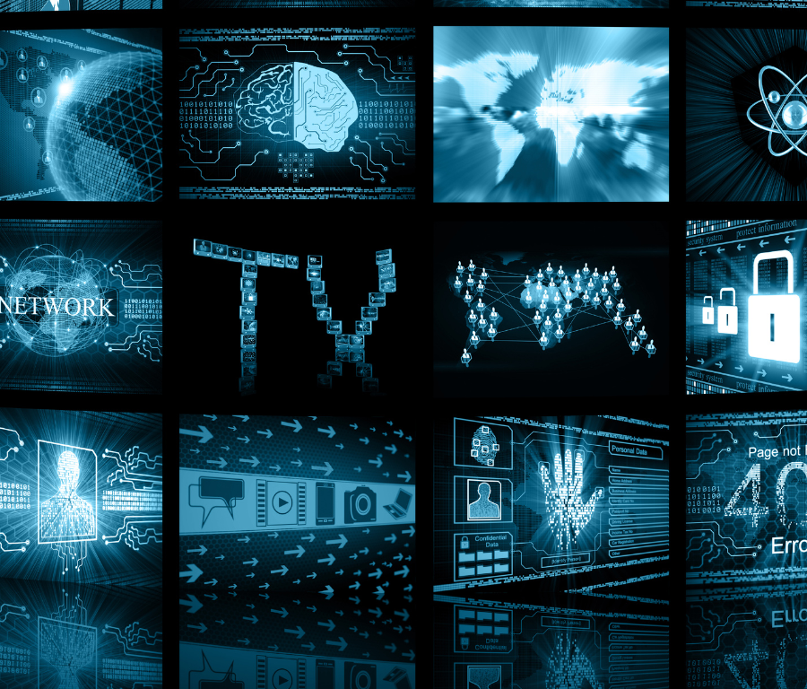 Image of screens each showing something related to the media sector: news, SEO, TV, Data