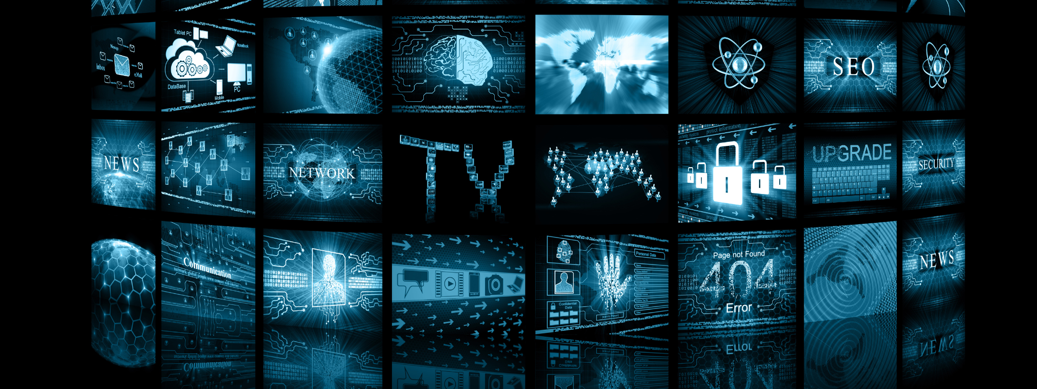 Image of screens each showing something related to the media sector: news, SEO, TV, Data