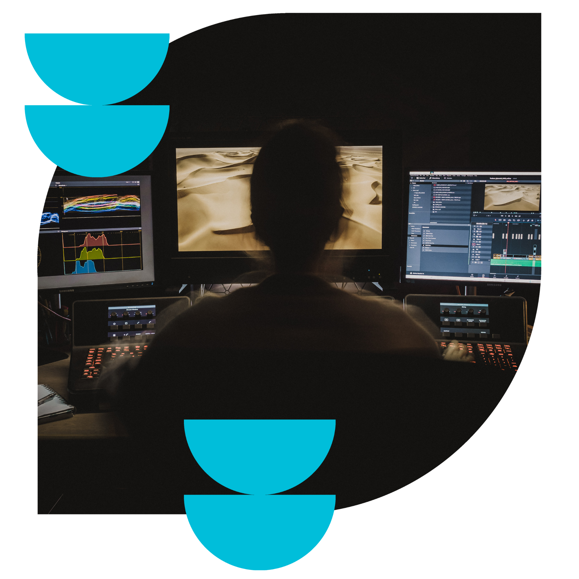 Person in video editing suite 