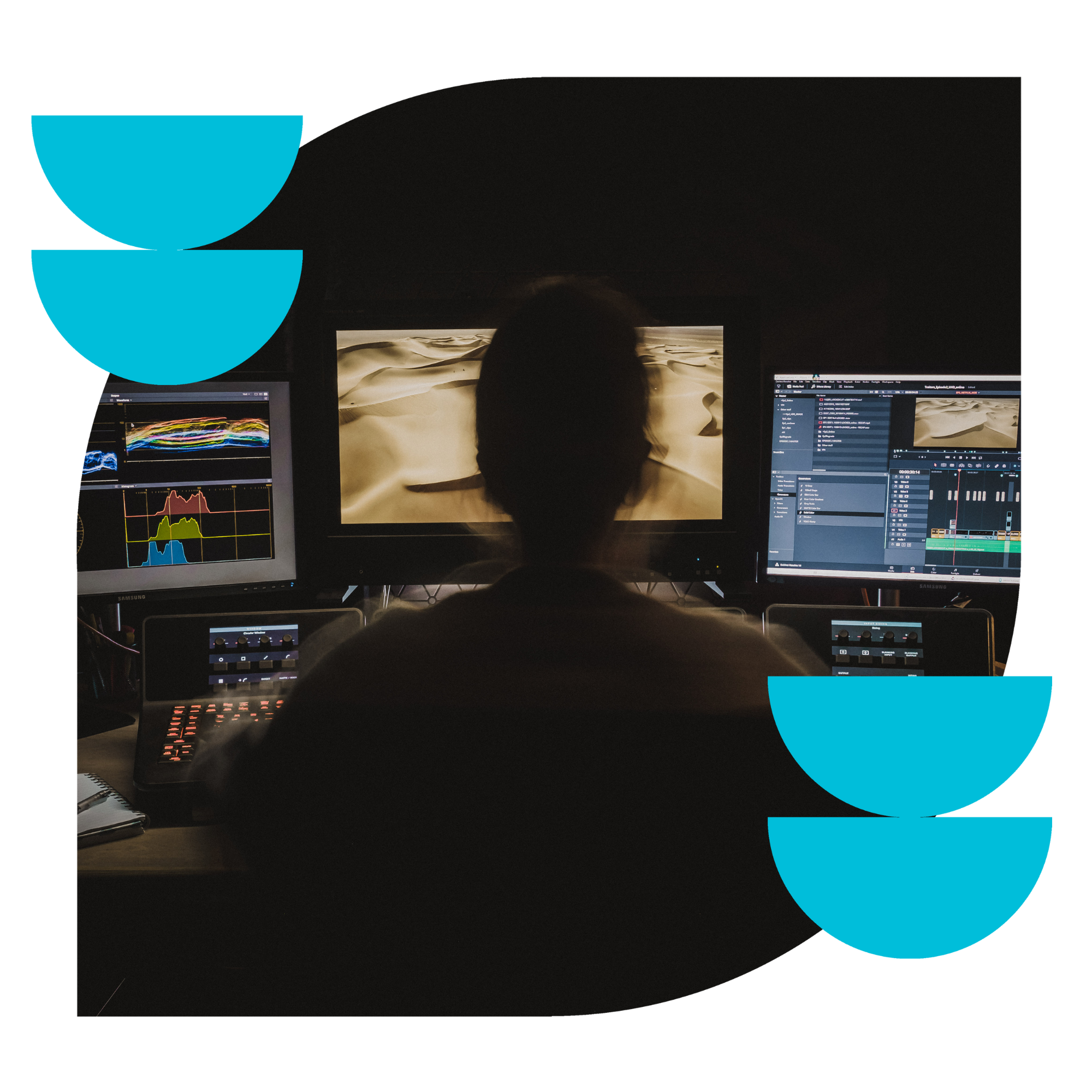 about us page Person working at a video editing suite