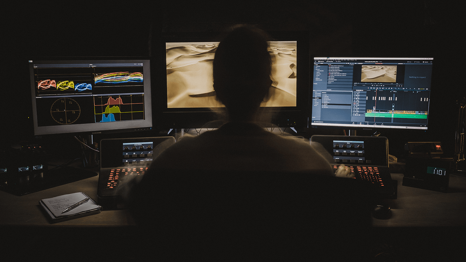 Editor working at a media desk.
