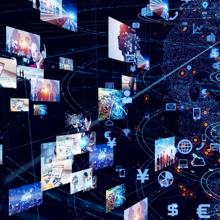 Digital collage showing interconnected images and icons, symbolizing technology, communication, and global connectivity with currency symbols and various digital interfaces.