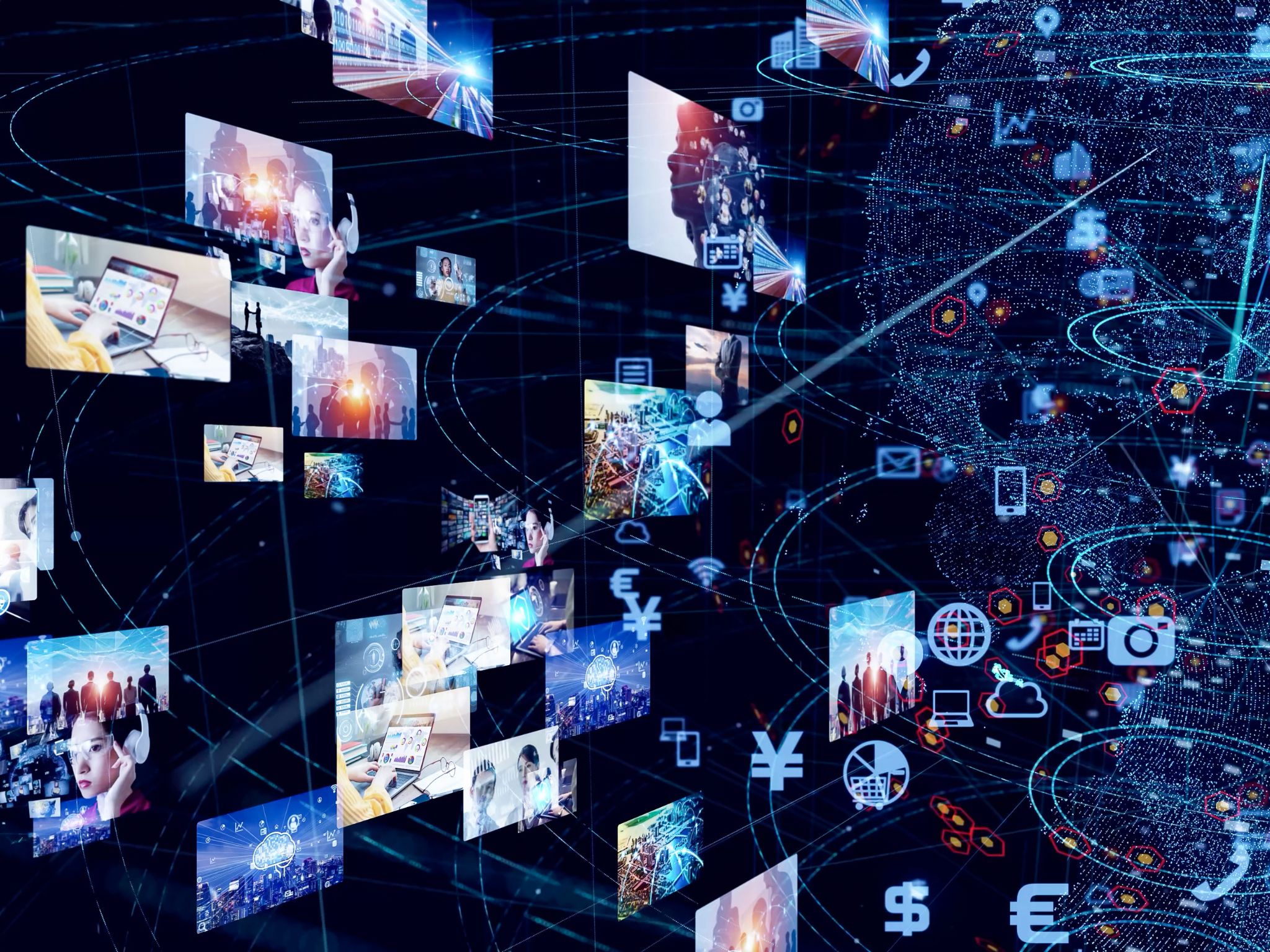 Digital collage showing interconnected images and icons, symbolizing technology, communication, and global connectivity with currency symbols and various digital interfaces.