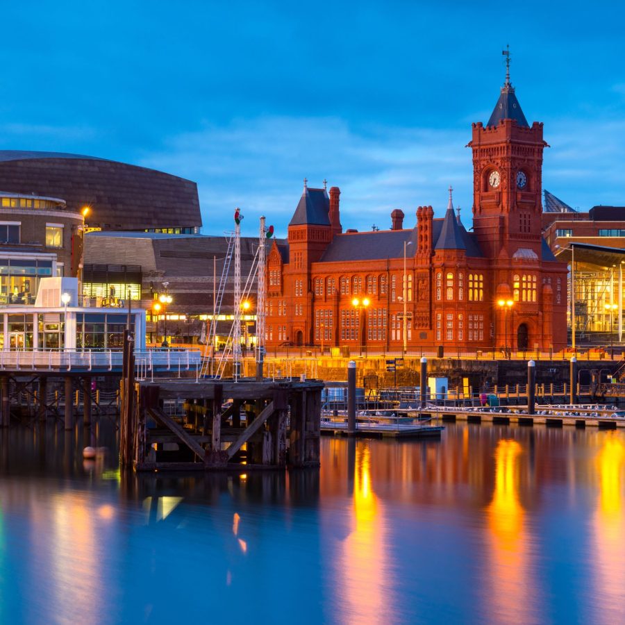 Photo of Cardiff Bay showing the Pierhead Building and Senedd Building.