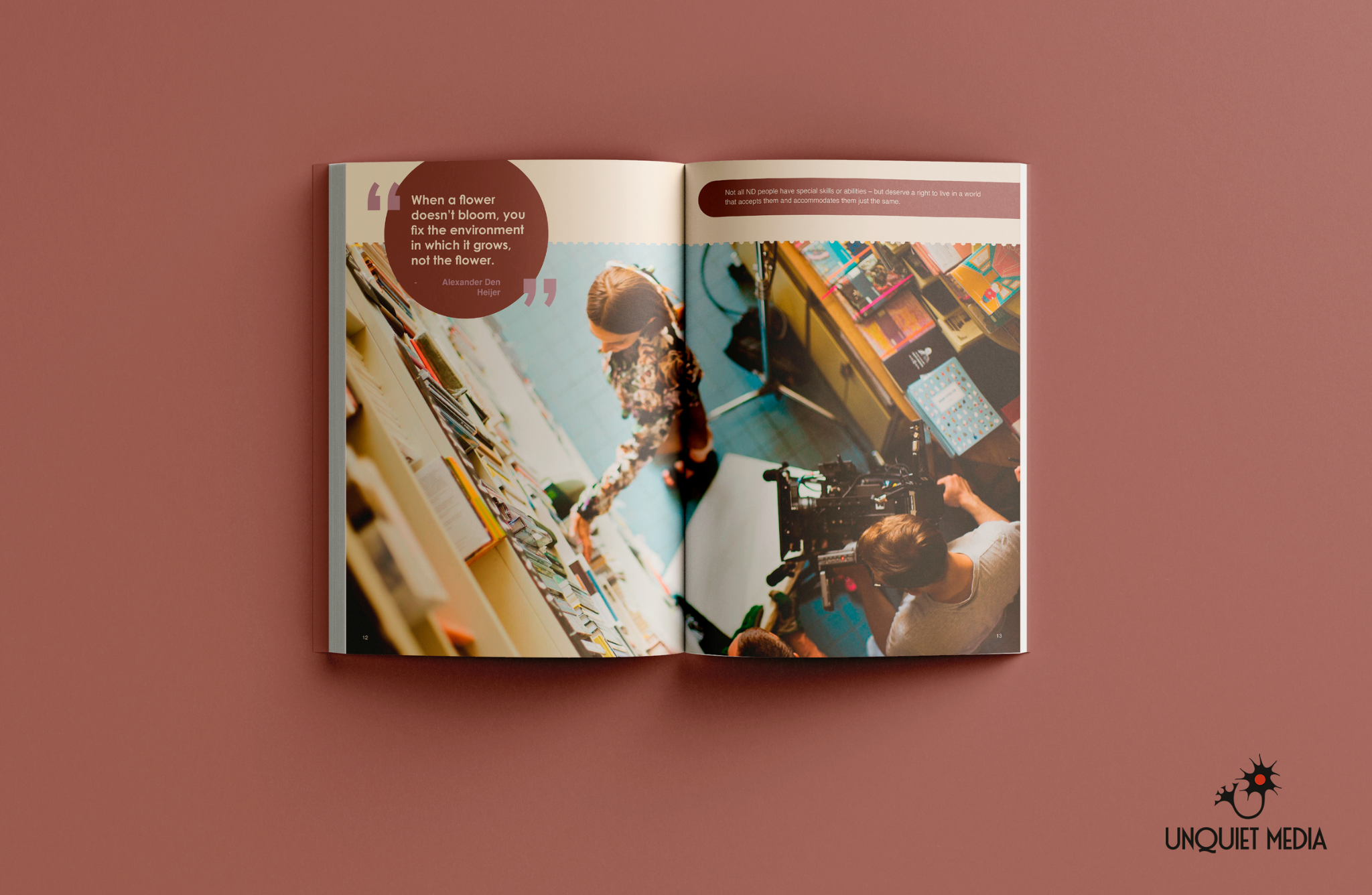 Unquiet Media leaflet an open magazine laying flat on a terracotta orange background, there is an image on it of a person filming someone putting books on a shelf. Logo of